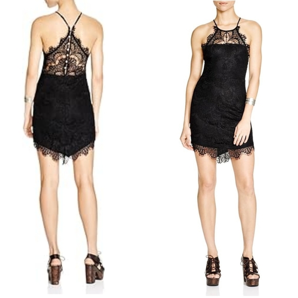 Free People Dresses & Skirts - FREE PEOPLE Lace Mini Dress Slip Bodycon Eyelash Lace Halter Black LBD XS 0 2
